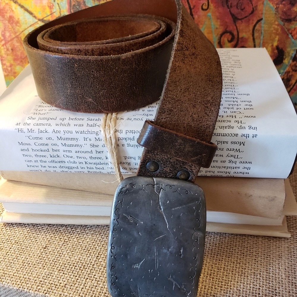 LEATHER  BELT,,BEATEN SILVER BUCKLE